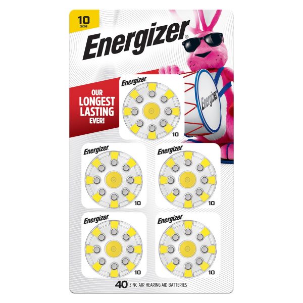 Energizer Hearing Aid Batteries Size 10, Yellow Tab, 40 Pack For Sale