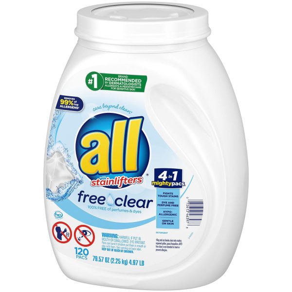 ALL Mighty Pacs Free & Clear Laundry Detergent (120 loads) For Sale