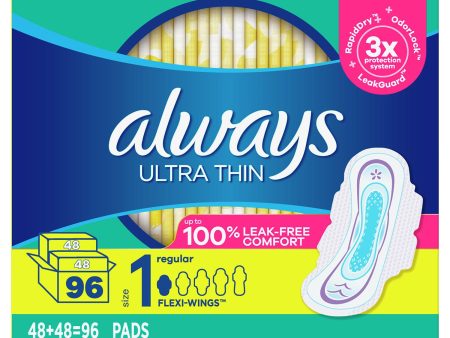 Always Ultra Thin Pads Size 1 Regular Absorbency Unscented with Wings, (96 ct.) Online