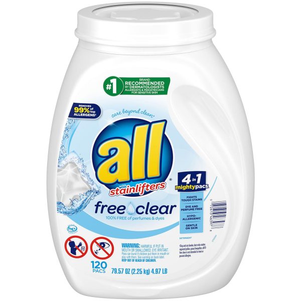 ALL Mighty Pacs Free & Clear Laundry Detergent (120 loads) For Sale