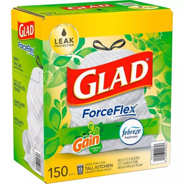 Glad ForceFlex Tall Kitchen Trash Bags, Gain Original Scent with Febreze Freshness (13 gal., 150 ct.) Supply